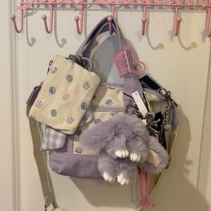 Madden Girl Lavender and Cream Polka Dot Tote with Bunny Charm